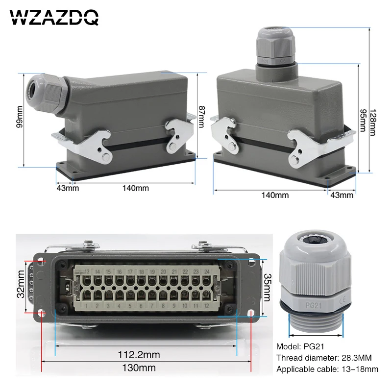 WZAZDQ Rectangular Heavy Duty Connector HDC- HE-024 Core Industrial Waterproof Aviation Plug Socket 16A 500V