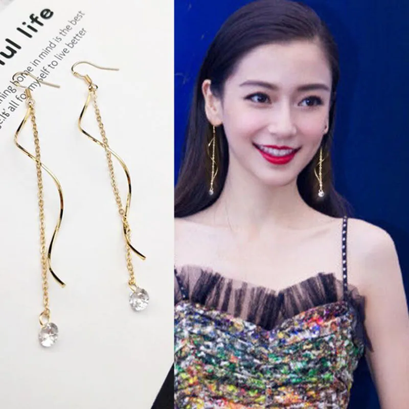 New Design Gold Color Long Wave Tassel Cubic Zircon Clip on Earrings Non Piercing for Women Elegant Pierced Earrings Bijoux