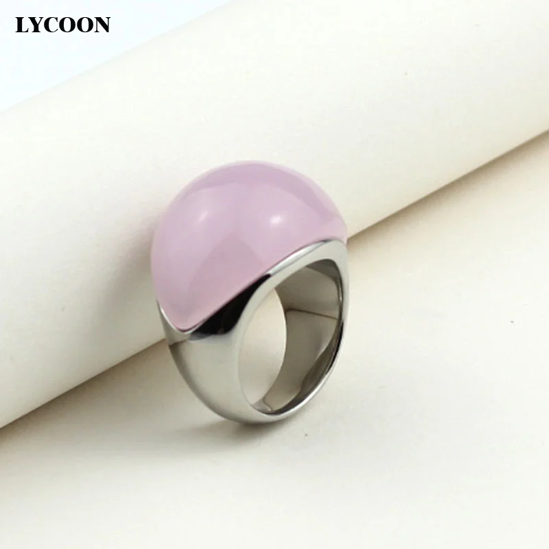 LYCOON Hot sale woman Cat\'s eyes jewelry rings high quality 316L Stainless steel pink opal stone ring women luxury ring GP0611