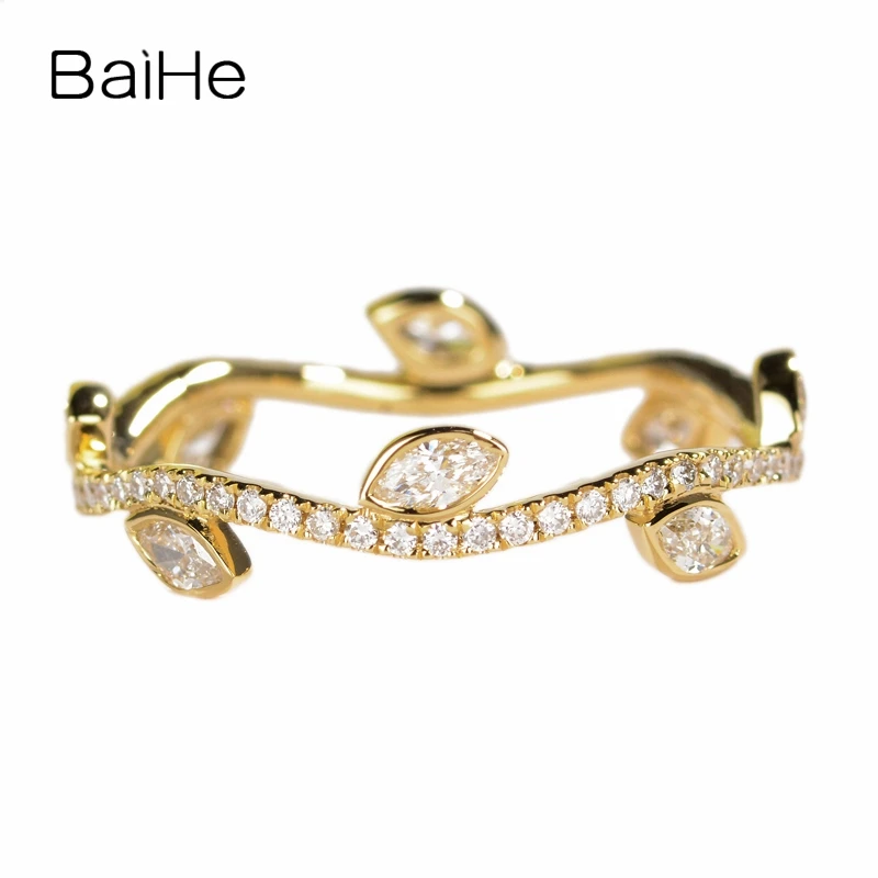 

BAIHE Solid 14K Yellow Gold 0.56ct H/SI Marquise Diamond Leaf Ring Women Men Wedding Fine Jewelry Making خاتم أوراق الشجر