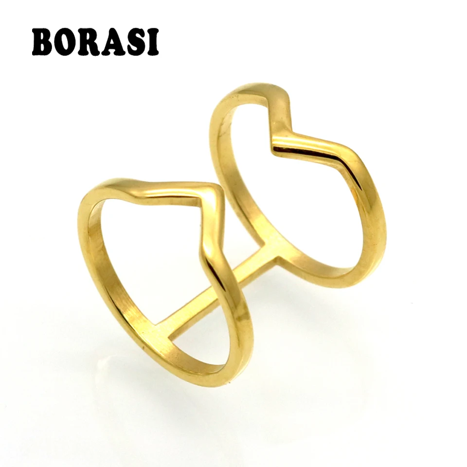 BORASI Fashion Gold-Color Stainless Steel Jewelry Double V Hollow Rings Bague 18mm Wide Statement Ring For Womens Anillos