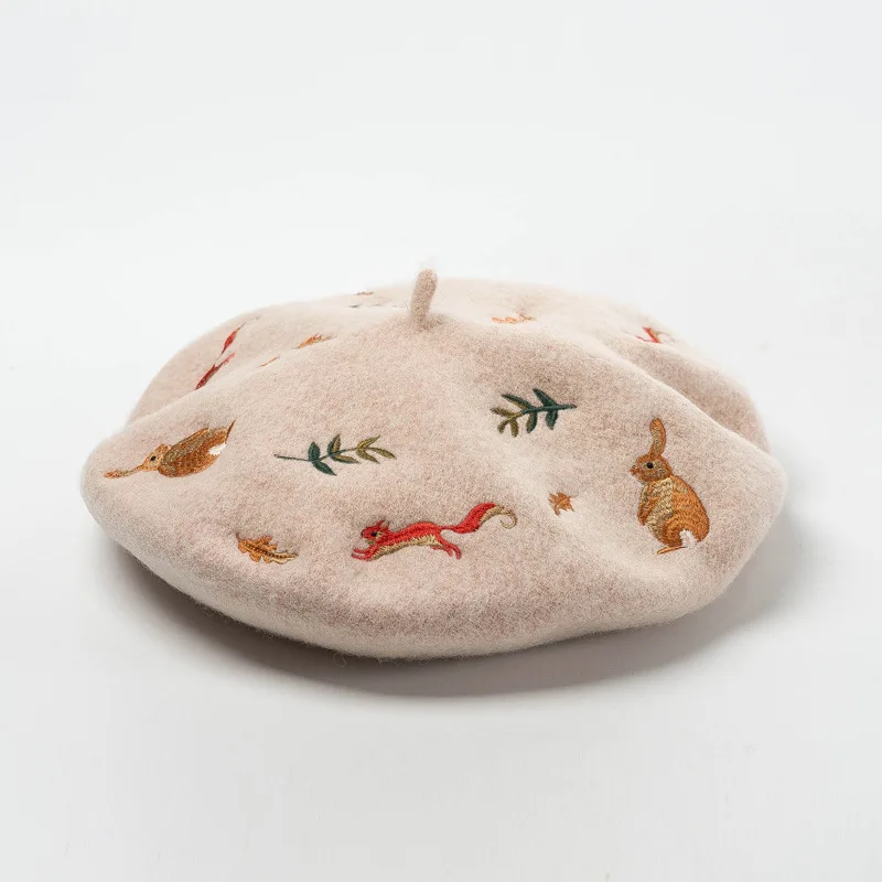 

COKK Handmade Embroidery Rabbit Squirrel 100% Wool Beret Womens Hats Painter Cap Lady Autumn Winter Baret Cap Hat Female Design