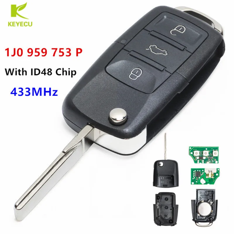 KEYECU Folding Car Remote Control Key fob 433MHZ ID48 Chip for SKODA Octavia Superb Fabia 2001-2004 1J0 959 753 P 1J0959753P