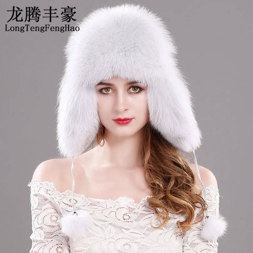 

Hot Sale Winter Women'S Fox Fur Hat Bomber Hats Cap Snow Cap Fur Millinery Russian Genuine Leather Ear Protector Cap Warm Beanie