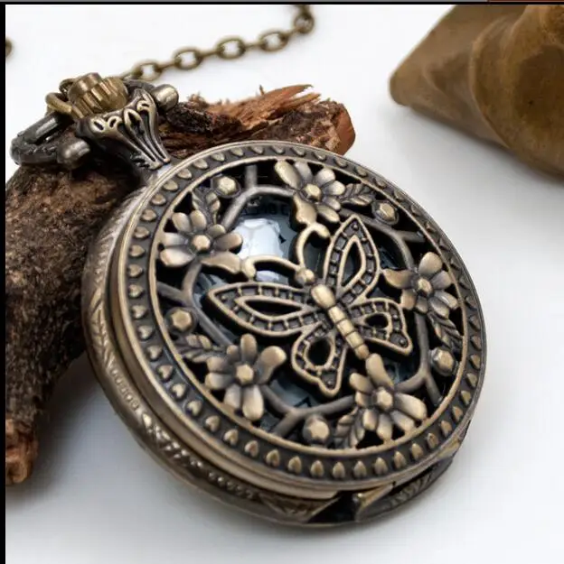 Vintage Bronze antiques Fashion quartz pendant Flip clock Hollow out Necklace pocket watches gift PO587