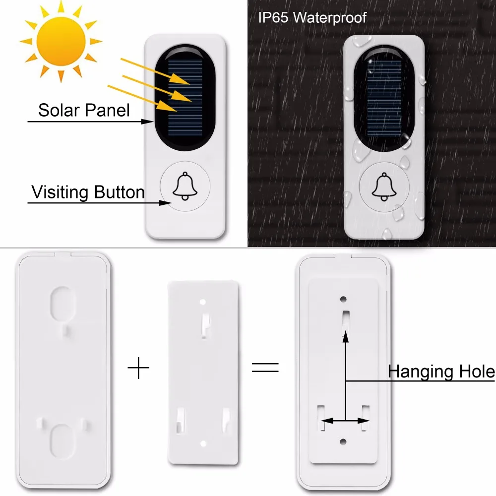 Wireless Solar Doorbell 300M Doorbells IP65 Waterproof EU / US Plug Outdoor Doorbells Chime Kit