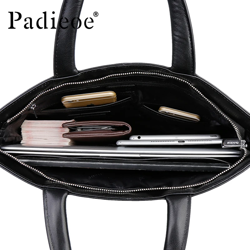 Padieoe New Designer Brand Genuine Cow Leather Men\'s Briefcase Fashion Solid Color Mens Shoulder Bag Business Laptop Bag