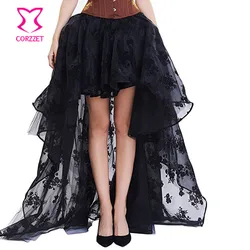 Black Floral Chiffon Front Short Back Long Gothic Victorian Skirt Steampunk Clothing Skirts Womens Vintage Clubwear Plus Size