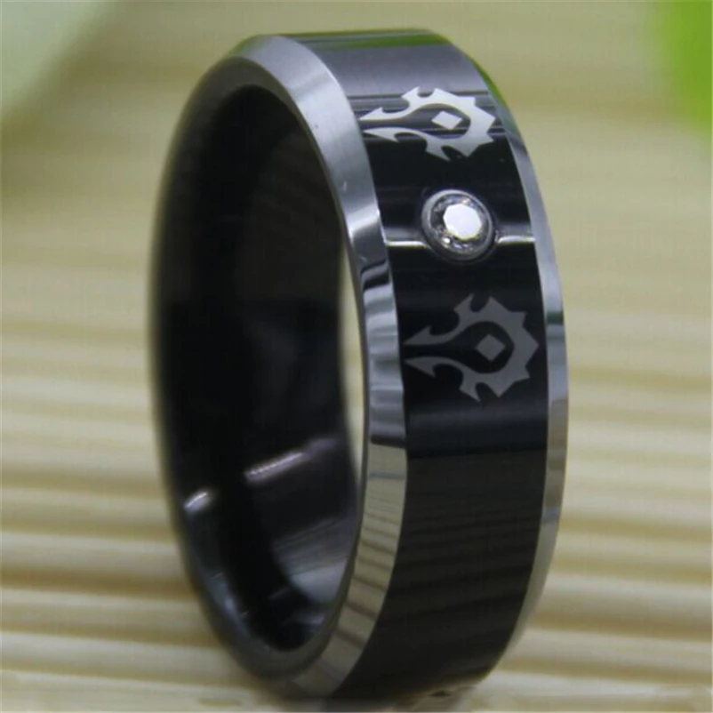 Free Shipping Top Quality World of Warcraft Horde Design 8MM Black Top Silver Bevel With Stone Men'sTungsten Wedding Band Ring