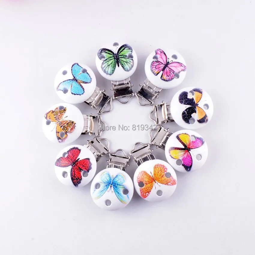 10 Baby Pacifier Clips Mixed Pattern Butterfly White Wood Metal Holders Cute Infant Soother Clasps Funny Accessories 4.4x2.9cm