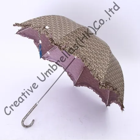 

Moon lacing women parasol,straight aluminum alloy umbrellas.10mm aluminum shaft and fiberglass ribs,auto open,leopard printed