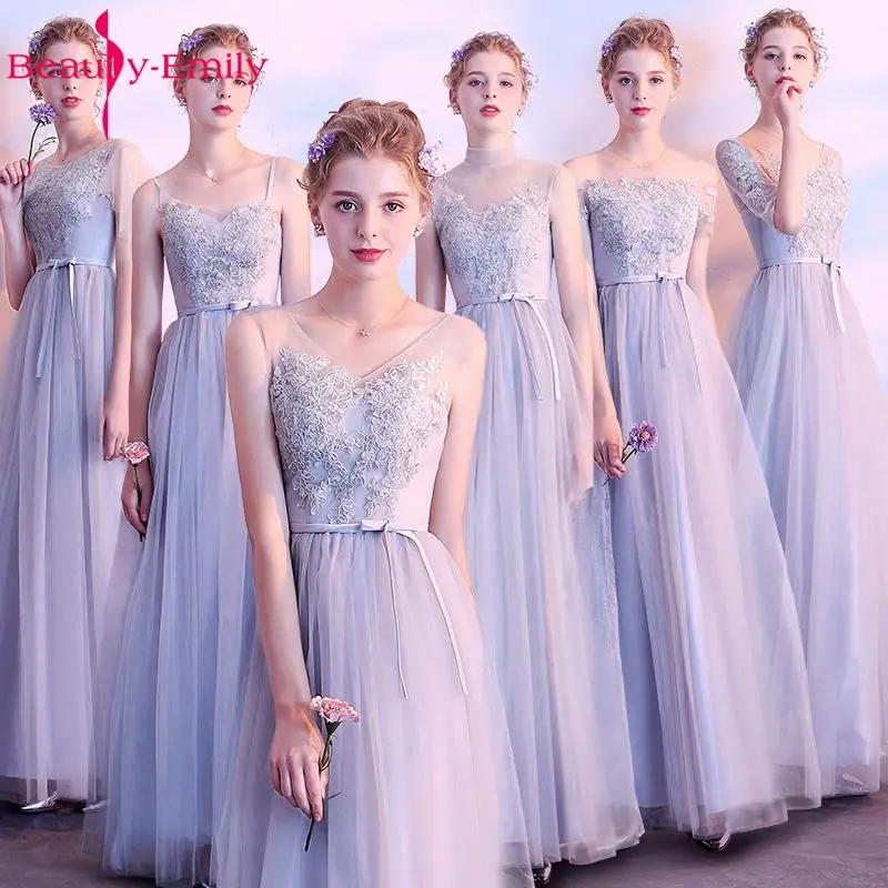 

Beauty Emily Long Grey Pink Bridesmaid Dresses 2019 Sweep Train Vestidos Para Festa A-line Floor-Lnegth Wedding Party Prom Dress