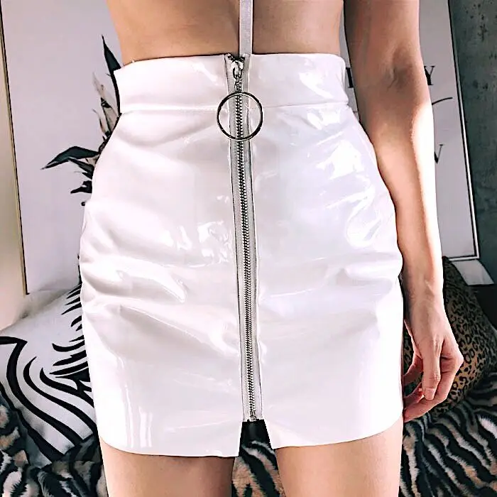 Black White Zipper PU Pencil Skirt Sexy High Waist Ring Faux Leather Short Skirt Women Fashion Casual Slim Mini Faldas Femme