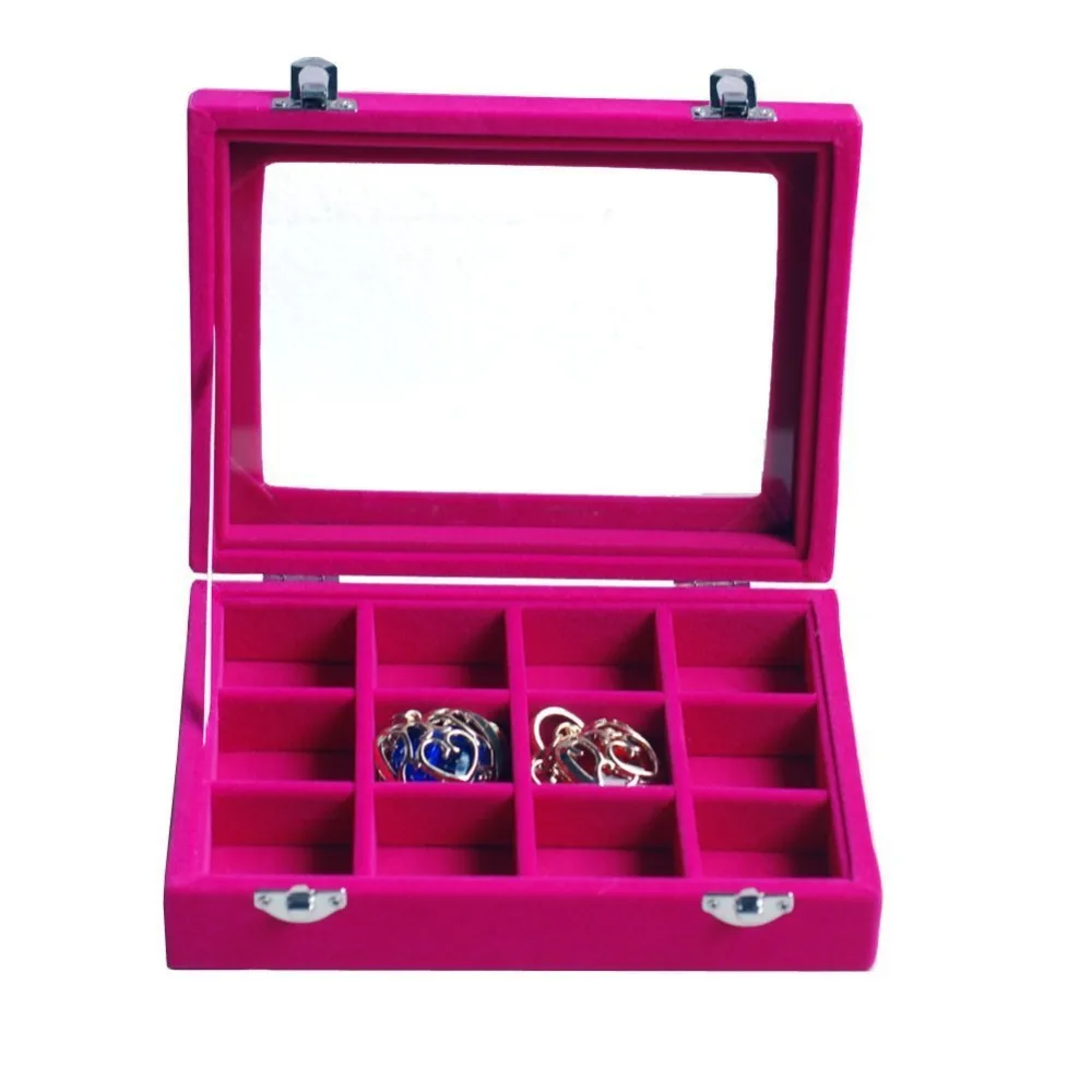 Hot Pink 12 Grid Velvet Glass Jewelry Ring Display Organiser Box Tray Holder Earrings Storage Case