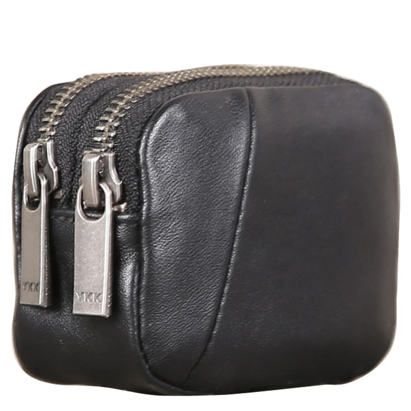 Double Zipper Coin Purses Genuine Leather Mini Coin Pouch 100% Cowhide Men Women Small Wallets Card Holder Bag Black