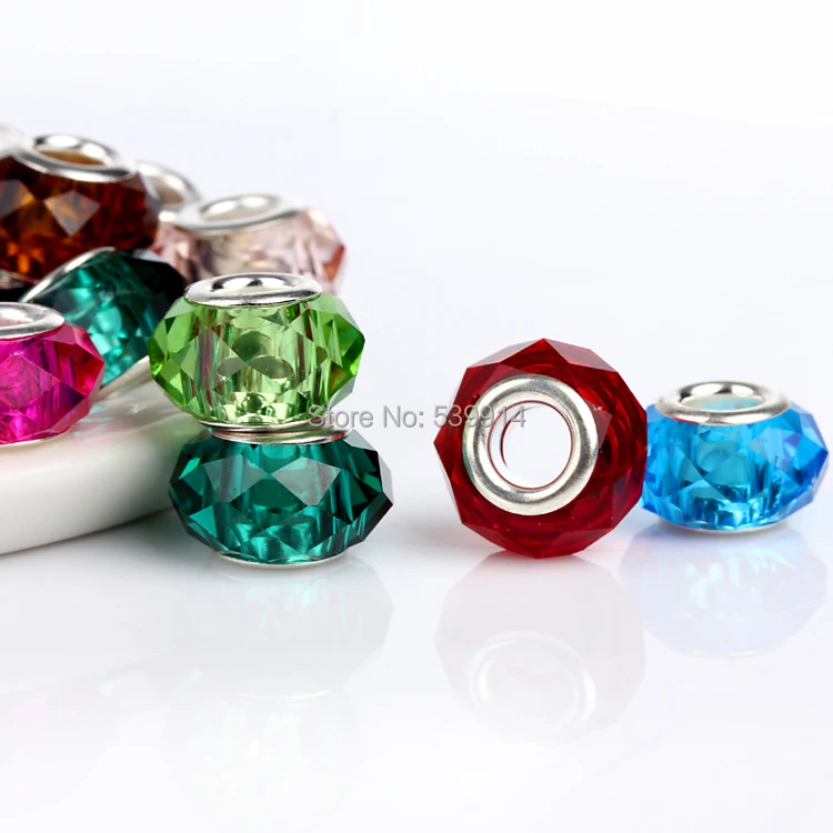

9*14MM Mixed Colorful Crystal Silver Plated Cord Big Hole Loose Beads 50pcs/lot Fit European Jewelry Bracelet DIY