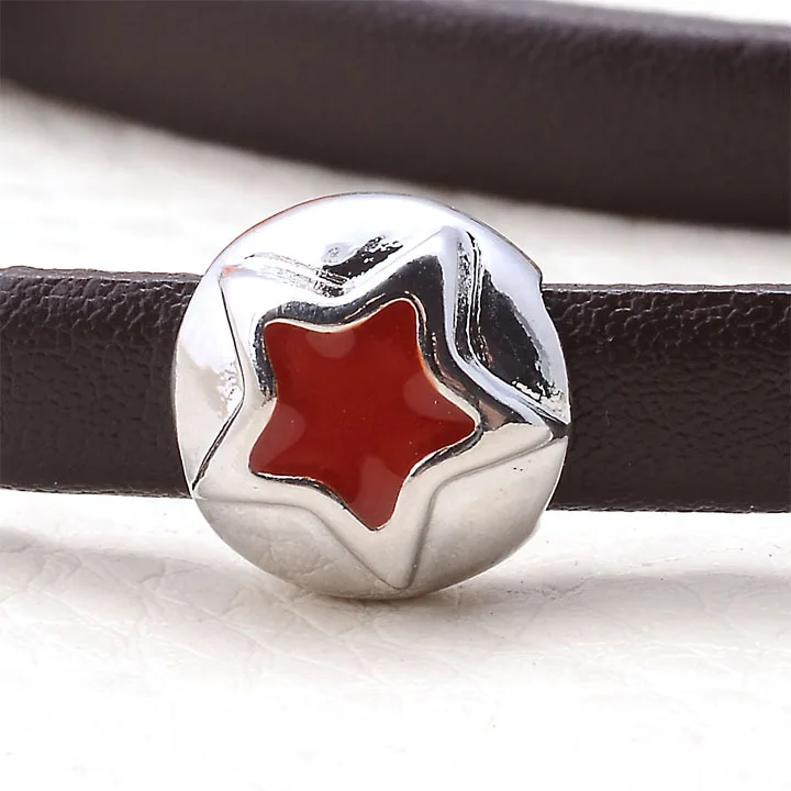 Miasol Silver Tone Red Enamel Star Slide Charm Spacers Beads For 8mm Diy Straps Women Wrap Charm Bracelet Jewelry Making