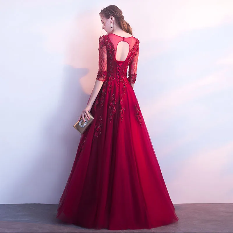 Top Quality Burgundy Prom Dresses Scoop Neck Half Sleeves 2019 A-line Elegant Formal Party Dresses 3D Appliques Prom Gowns