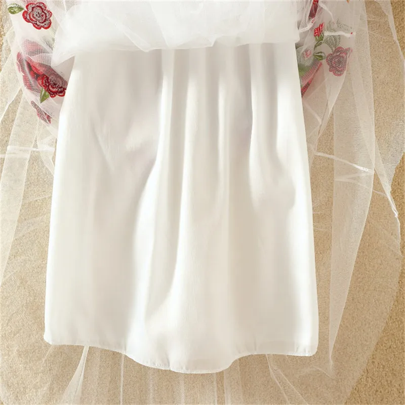 Sanishroly 2023 New Summer Women Rose Floral Embroidery Mesh Skirt Ladies Elastic High Waist Mid-Long A-Line Pleated Skirts S093
