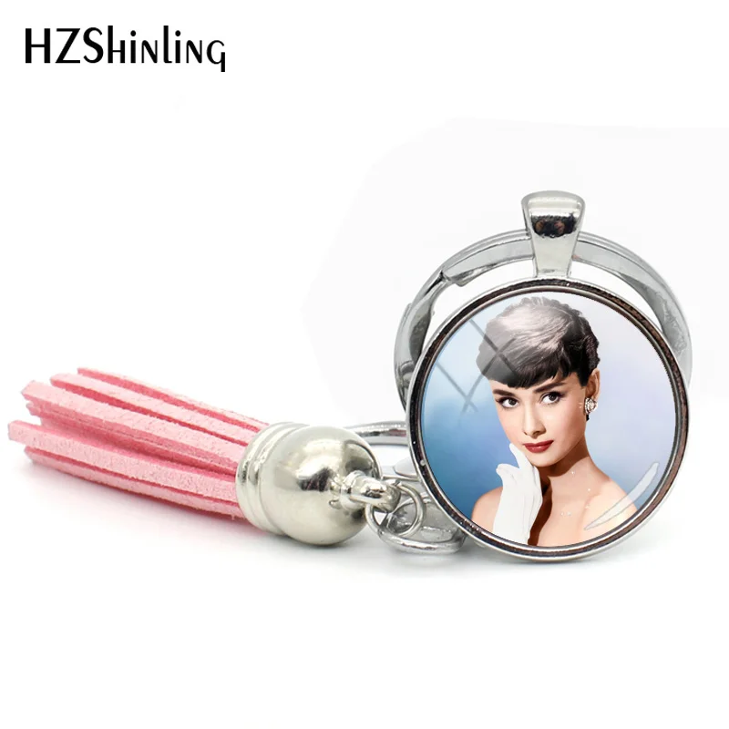 2018 New Arrival Audrey Hepburn Tassel Keychain Glass Cabochon Jewelry Art Printed Keychains Actress Keyring Bohemian Key chain