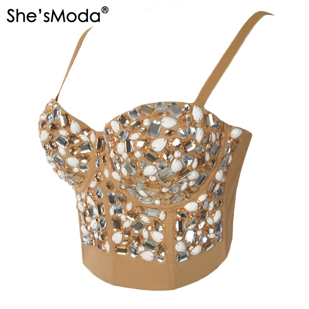 She'sModa Khaki Rinestone Hand-made Pearls Bralet Corselets Women's Bustier Bra Cropped Top Wedding Bralette Vest Plus Size