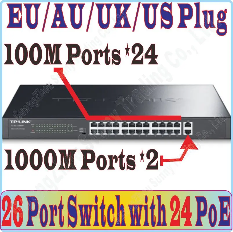 

Max. PoE 180W, 26 ports POE Switch supplys power to IP Camera / WiFi AP, with 24 ports PoE & 2* RJ-45 Gigabit port, Plug&Play