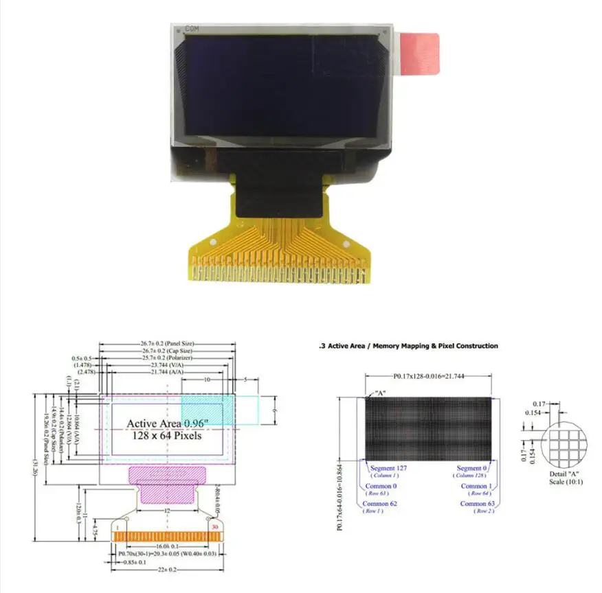 0.96 Inch 128X64 White OLED Display 128*64 LCD Screen Board 30pin SSD1306 Driver Passive Matrix for arduino DIY Kit