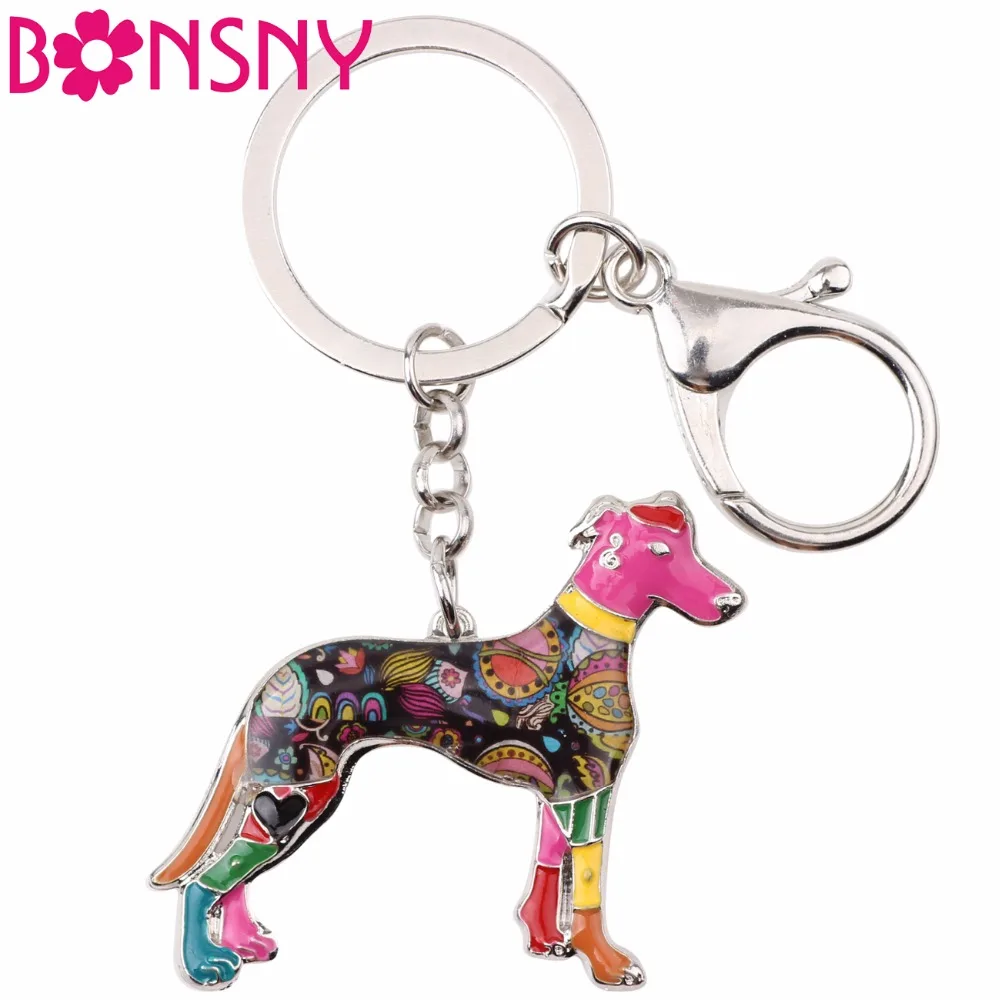 Bonsny Galgos Greyhound Dog Key Chain Key Ring Jewelry For Women Bag Pendant Charm Car Key Holder Enamel Keychain Accessories