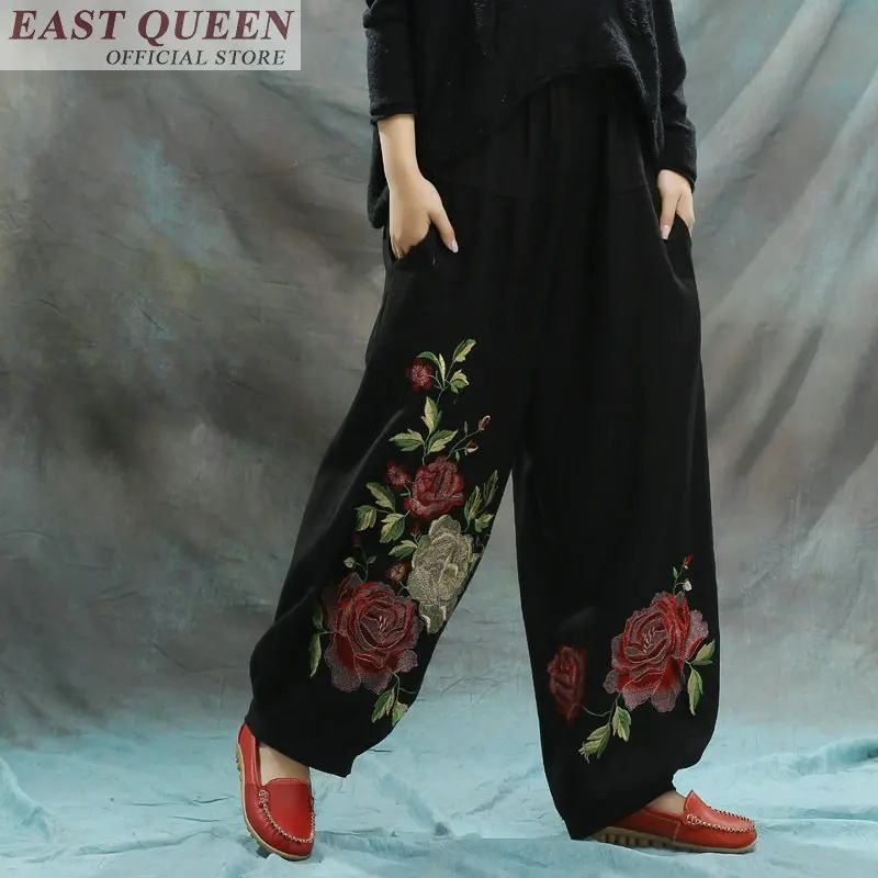 

Chinese traditional bottoms elastic waist floral print loose bud style harem pants casual middle aged women's trousers DD805 L