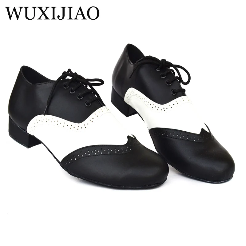 WUXIJIAO Men\'s Black White Real Leather Flats Modern dance shoes Tango Party Wedding Square dance shoes