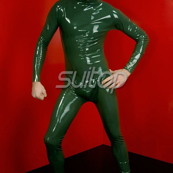 Men's Suitop army green latex catsuit sexy latex code-piece with back zip