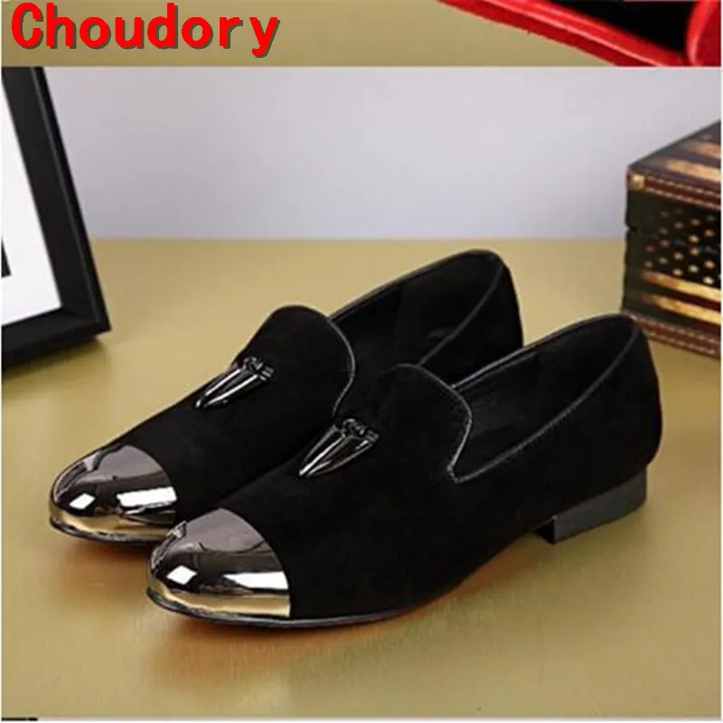 

Choudory Fashion red black suede Gold Top Metal Toe Men Velvet Casual shoes Men Handmade Loafers Plus Size Men's Flats Size12