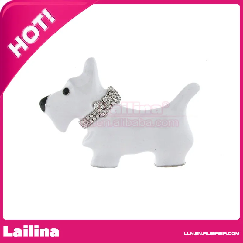 Hot Sale Snow White Enamel and Crystal Animal Dog Brooch Pin