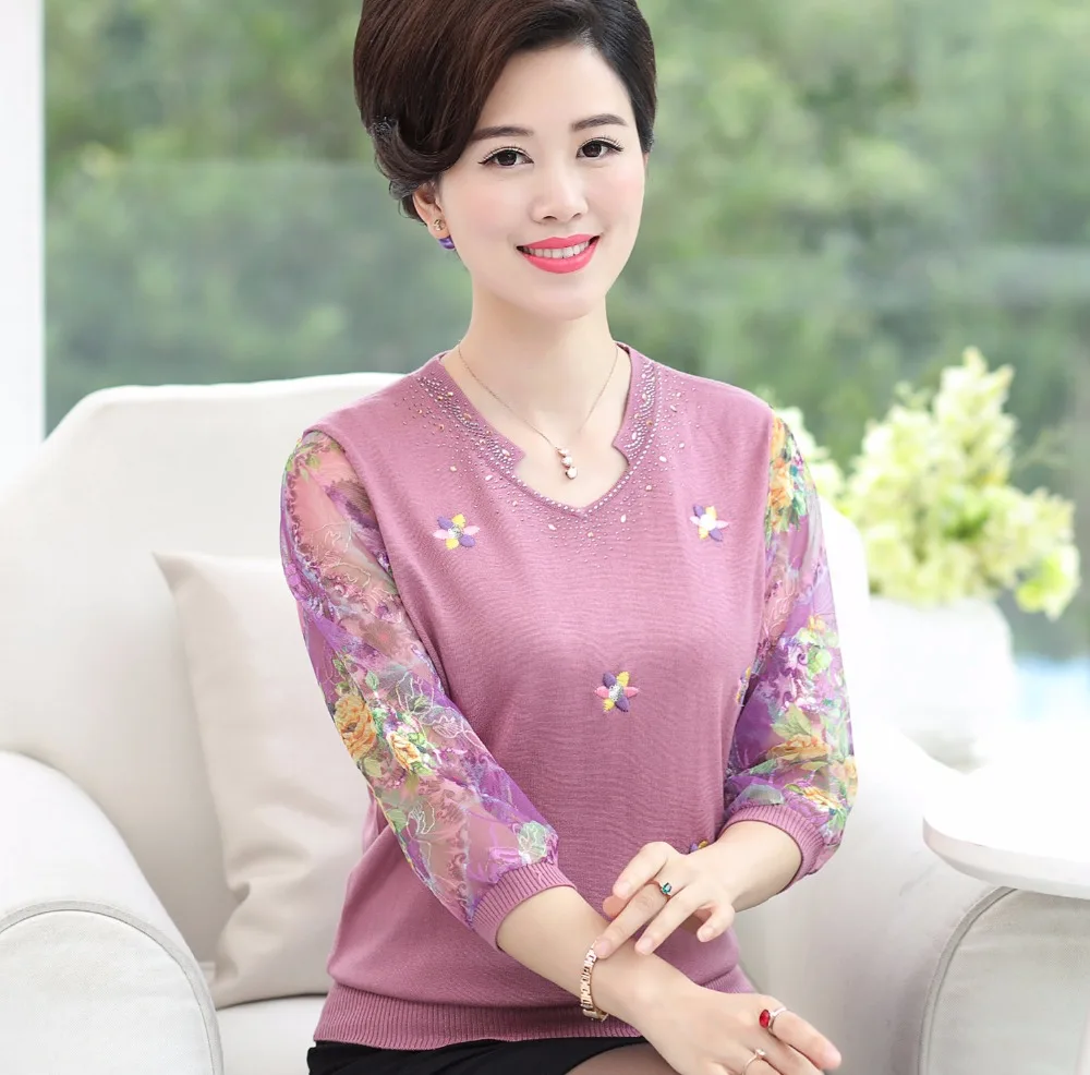 Vrouwen bloemen blouse elegante kant mouw lente zomer dames borduren knit blouse tops