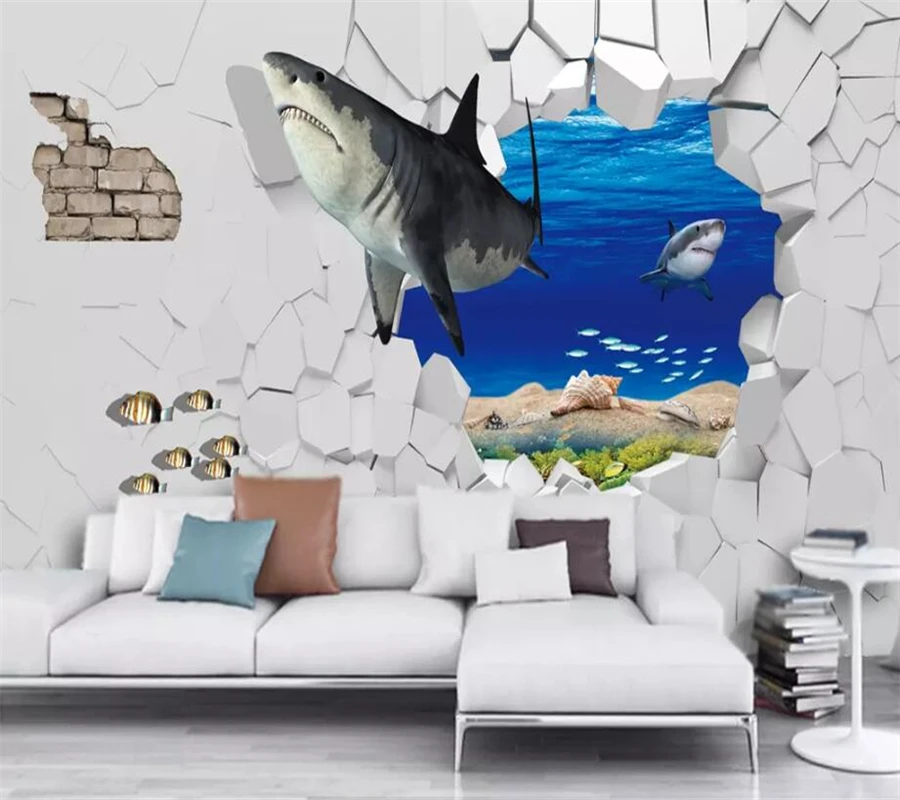 beibehang papel de parede Custom wallpaper 3d mural fashion sea shark broken wall picture-in-picture 3D TV background wall paper