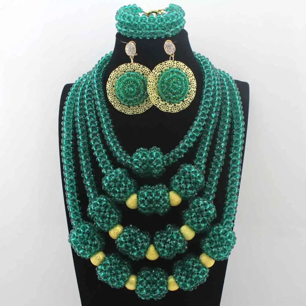 

Luxury Peacock Green African Wedding Bride Beads Necklace Set Nigerian Statement Costume Party Bracelet Earrings Jewelry HD8394