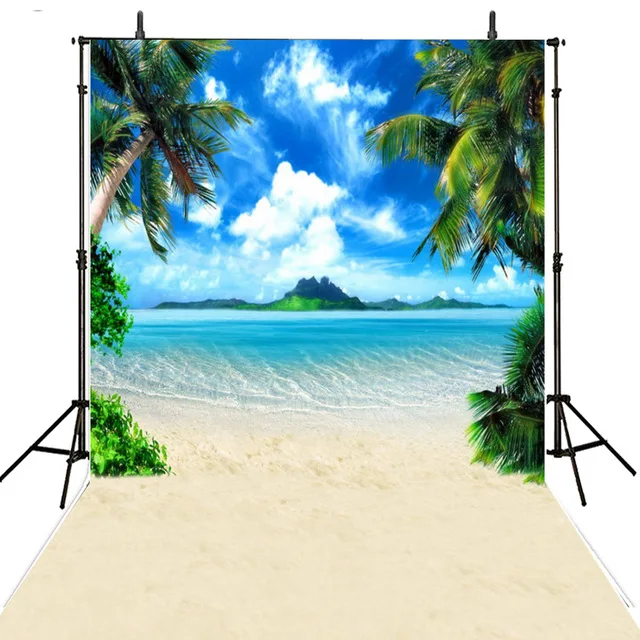 Beach Themed Photo Backdrop Palm Trees Sandy Seaside Blue Sky and Sea Hills Summer Holiday Wedding Scenic Photography Background