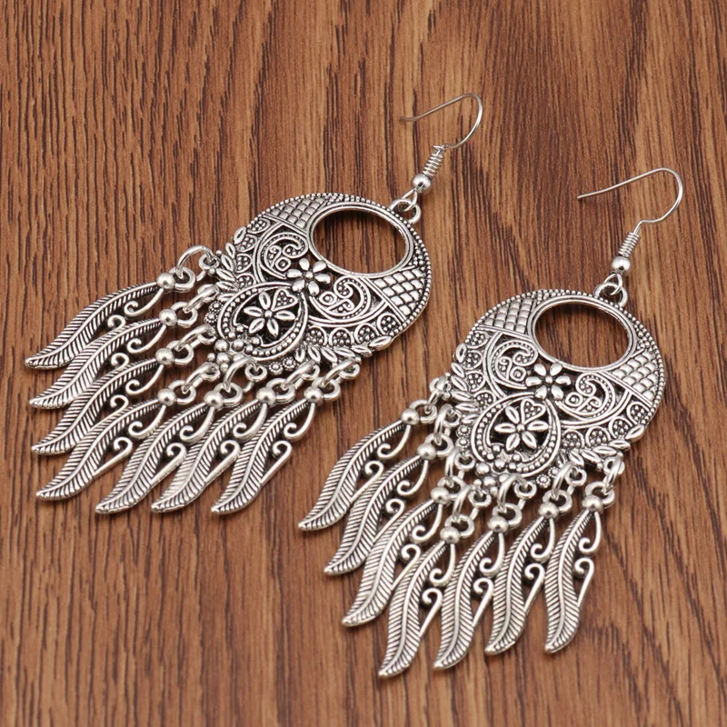 Aihua Vintage Tibet Silber Farbe große Aussage hohle geschnitzte Blumen geometrische Muster Blätter Quaste Tropfen Ohrringe für Frauen – Detail 13