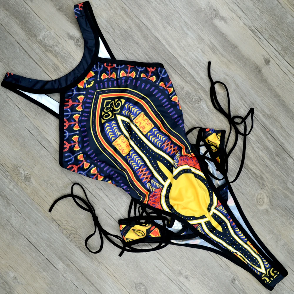 2024 African Dashiki Print One Piece Swimsuit Women High leg cut Swimwear Female Trikini Thong Monokini Brazilian Bathing Suit