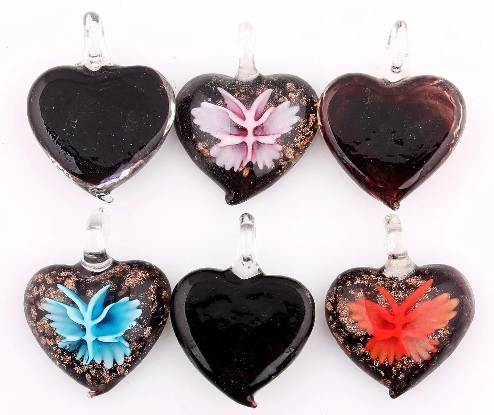 Q Wholesale 6pcs Handmade Murano Lampwork Glass Mix Color Butterfly Flower Pendant Fit Necklace Gift