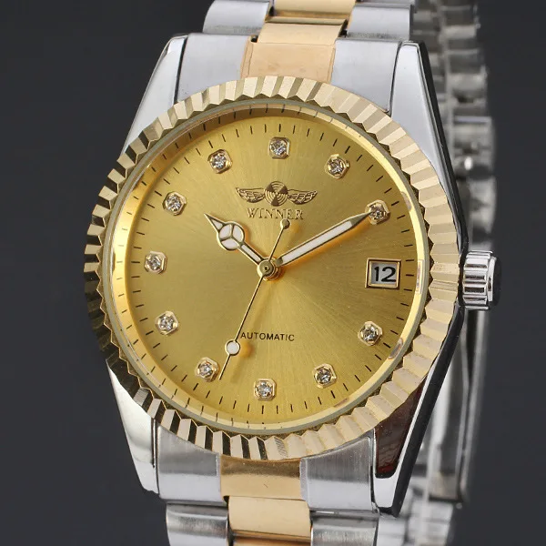 

T-WINNER Three-needle Automatic Gold-faced Calendar With Rhinestone Gold-backed Mechanical Steel Belt Watch Three Colors D62