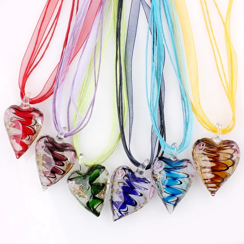 Fashion Wholesale lots 6pcs Handmade Murano Lampwork Glass Mixed Color Inside Rose Flower Pendants Silk Cords Necklace necl0029