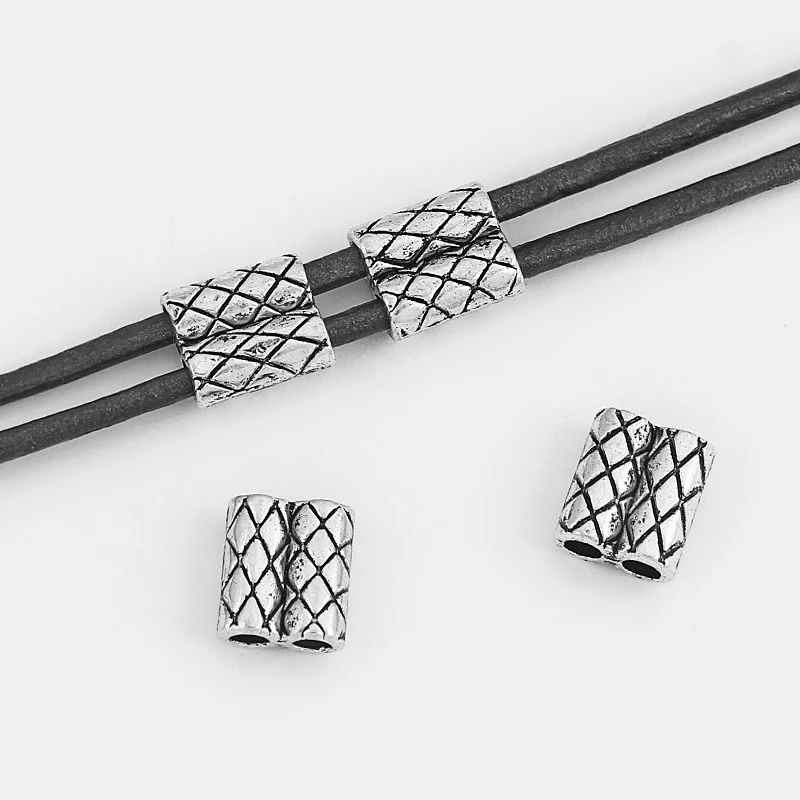 20pcs Tibetan Silver Geometric Pattern Double Hole Slider Beads Spacer Fit 2mm Round Leather Cord Bracelet Jewelry Findings