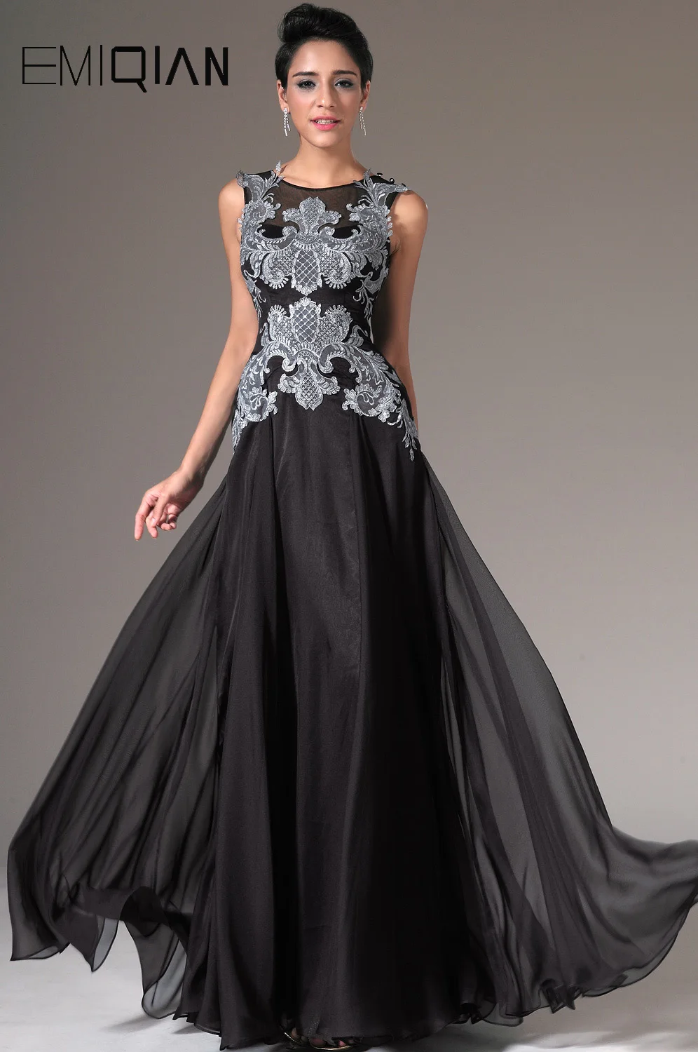 A Line O Neck Floor Length Black Chiffon Evening Dress Silver Lace Appliqued Long Formal Gown