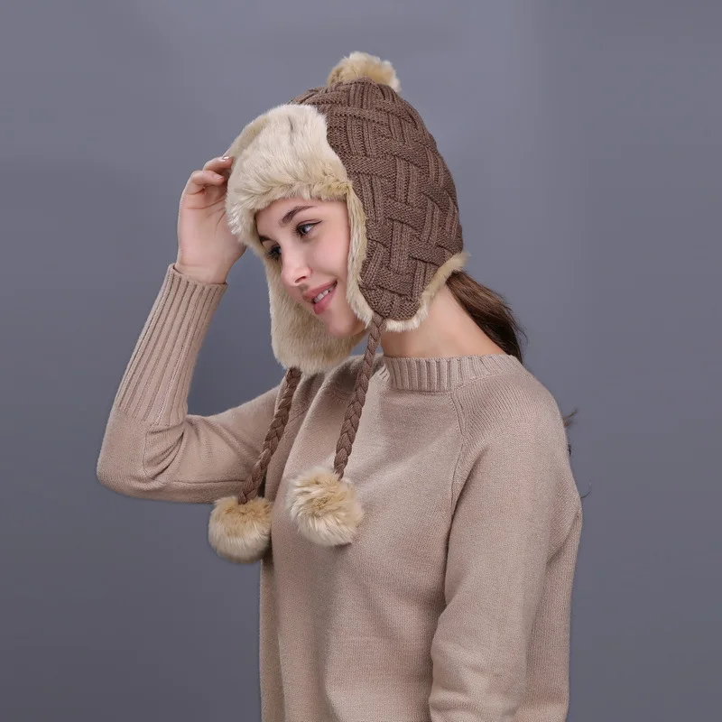 

Lady Knitted Ear Protection Hat Female Plaid Ear Warm Cap Lei Feng Cap Outdoor Autumn Winter Knit Wool Cap Adjustable B-9446