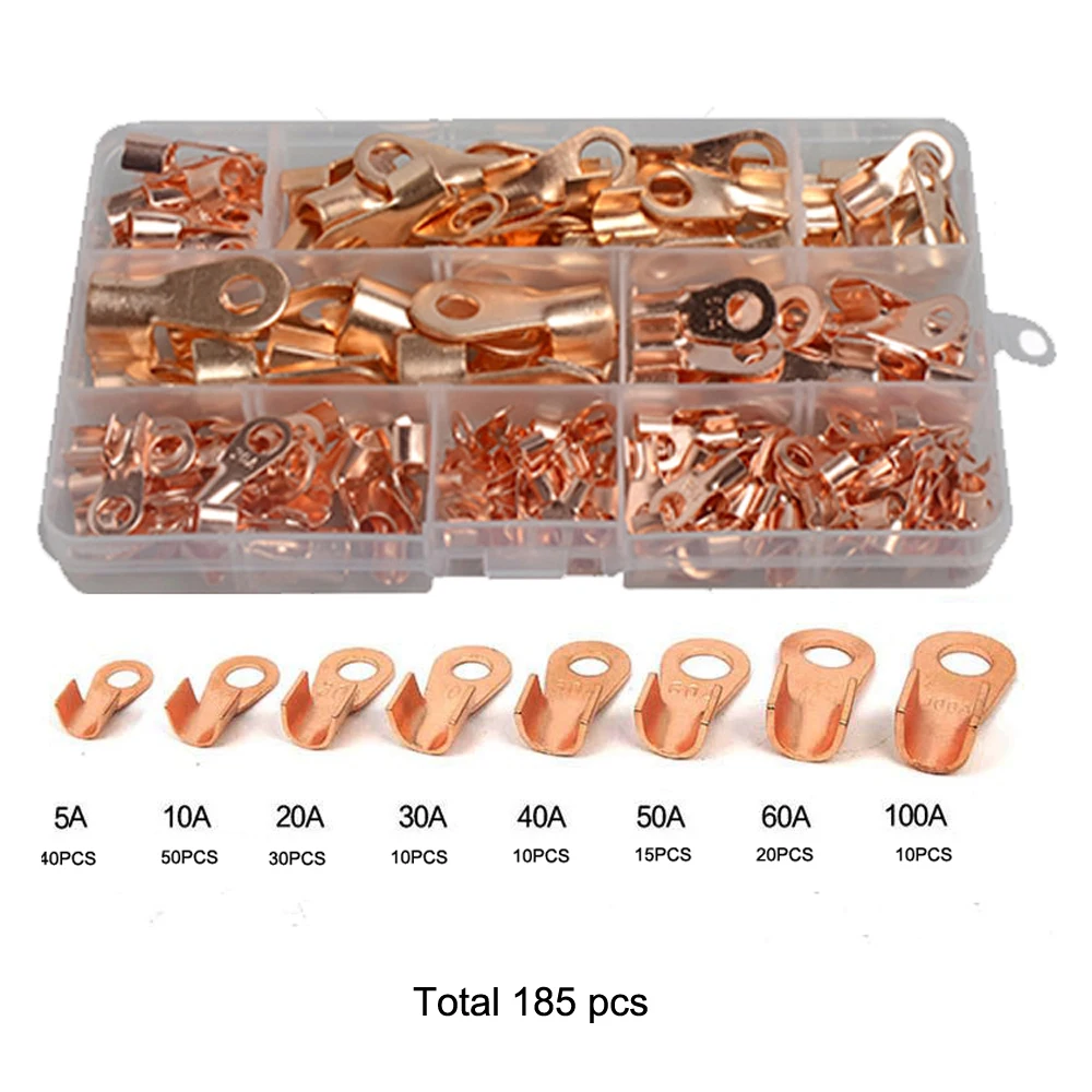 185pcs Open Barrel Wire Crimp Copper Ring Terminal Lugs Assortment Set Kit OT 5A 10A 20A 30A 40A 50A 60A 100A