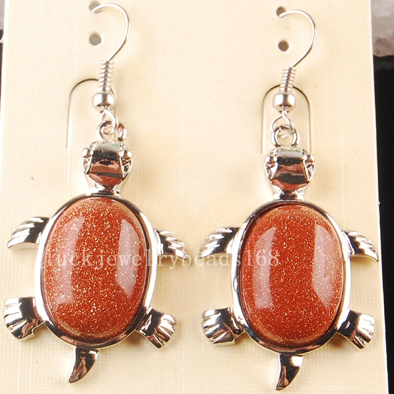 Fashion Jewelry 22x32mm Beatiful Goldstone Turtle Art Earrings 1Pair C3612