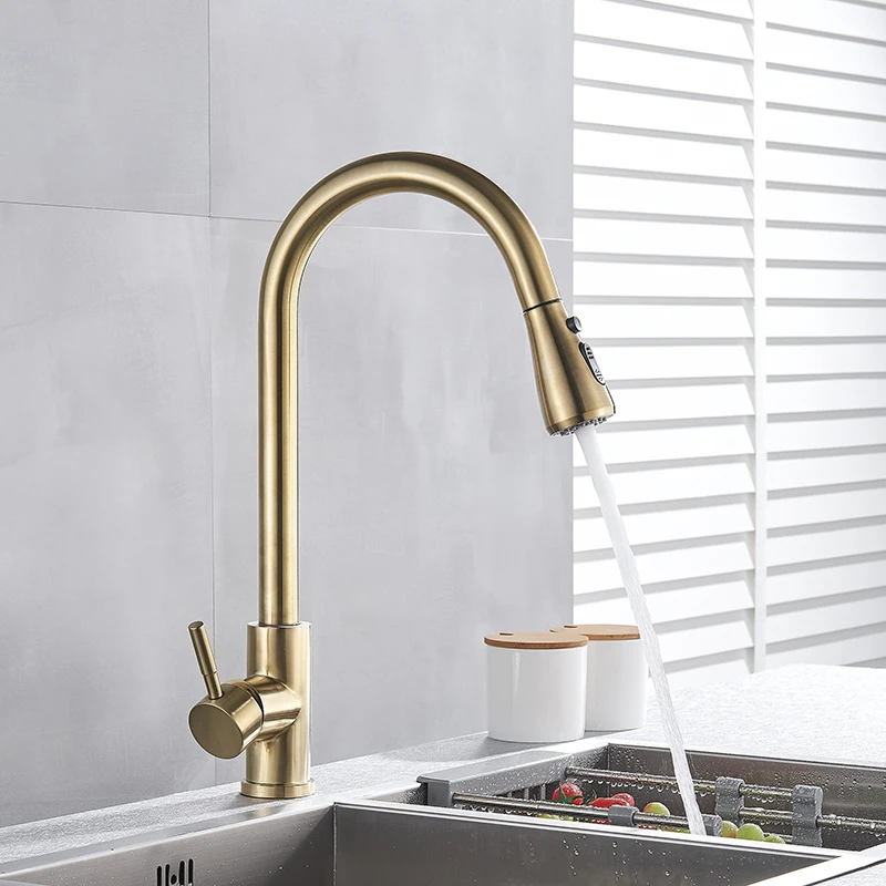 Kitchen Faucet Golden Mixer Tap 360 Degree Rotation Stream Sprayer Pull Out Deck Mounted Kitchen Sink Hot Cold Mixer Taps Crane