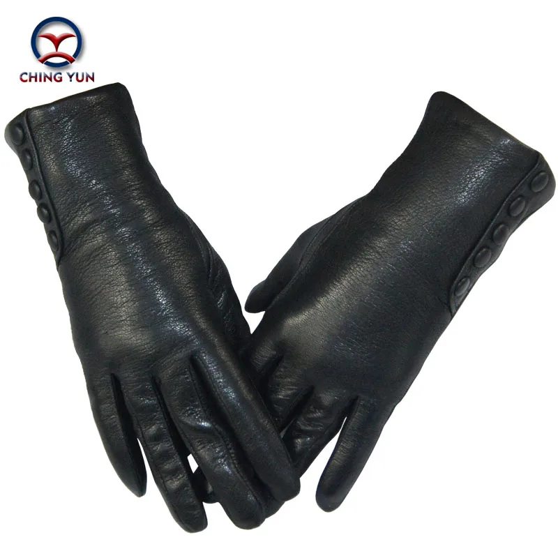 CHINGYUN New Women Genuine Glove Soft Thicken Bow Leather Gloves Winter Autumn Ladies Fashion Brand Black Warm Leather fv02