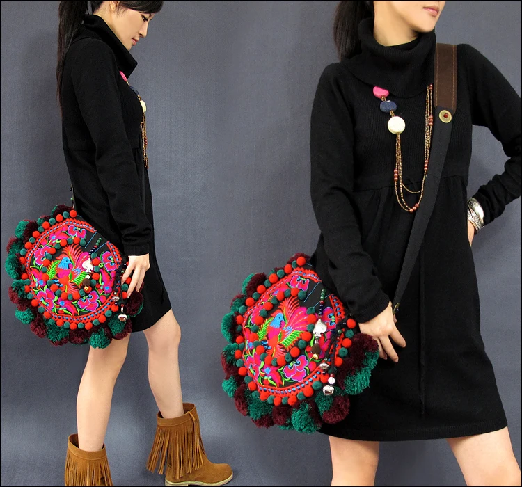 Naxi Brand Female bag Winter fashion Circular pompon Canvas bag Vintage embroidery Ethnic bag women shoulder Crossbody Bags